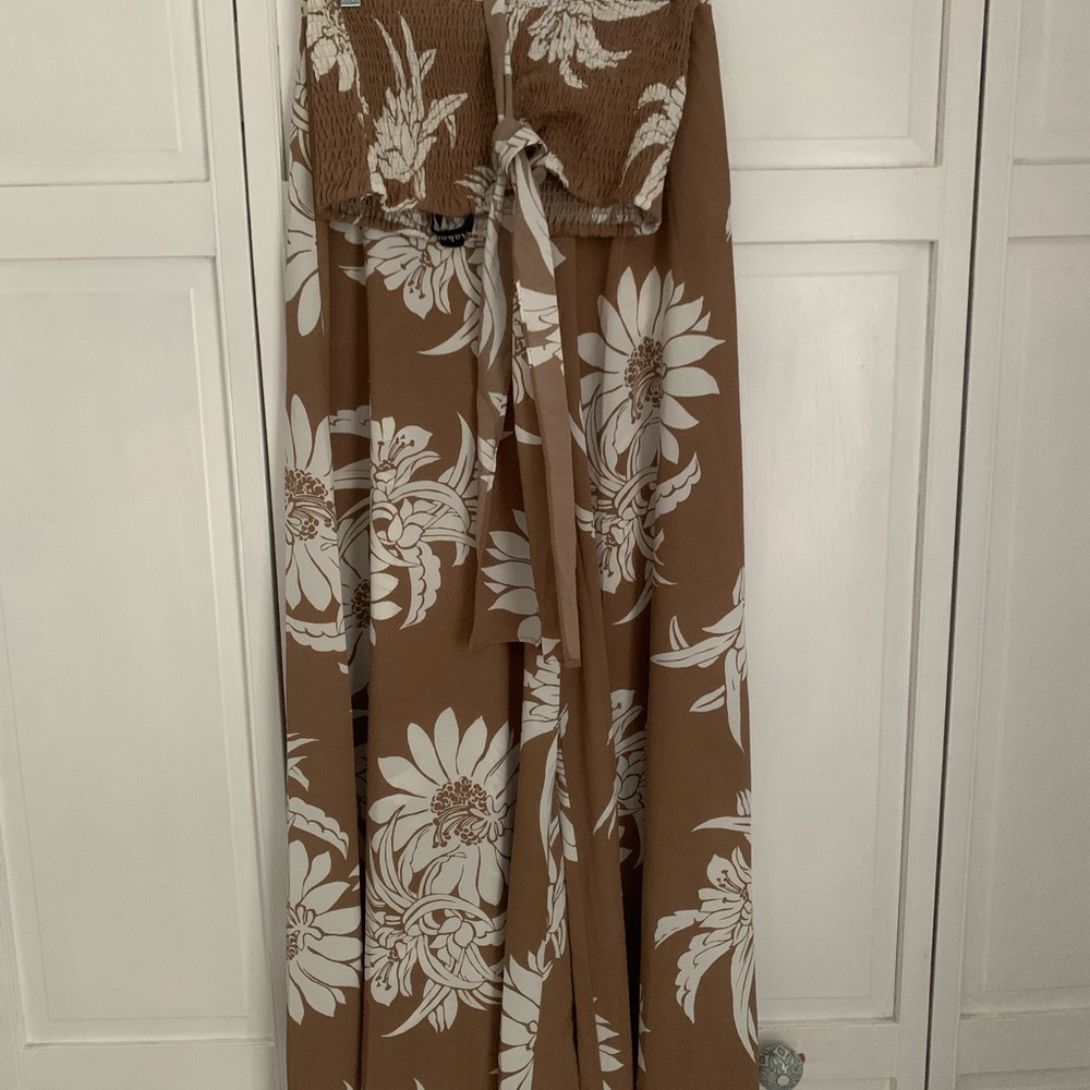 Brown and White Floral Pant Set with crop top